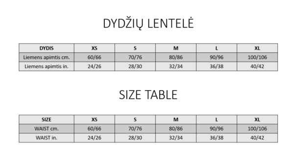 Maudymos kostiumėlių dydžių lentelė